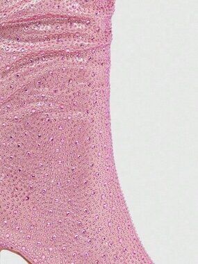 Pink Sexy Women's Rhinestone Embellished Ruched Tall Boots